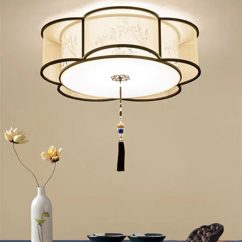 New Chinese Style Ceiling Light Geometry Shape Ceiling Lamp with Fabric Shade for Bedroom