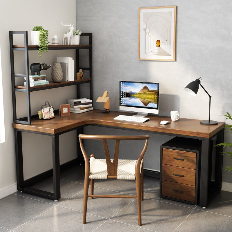 Industrial Office Desk L-Shape Solid Wood Writing Table for Home