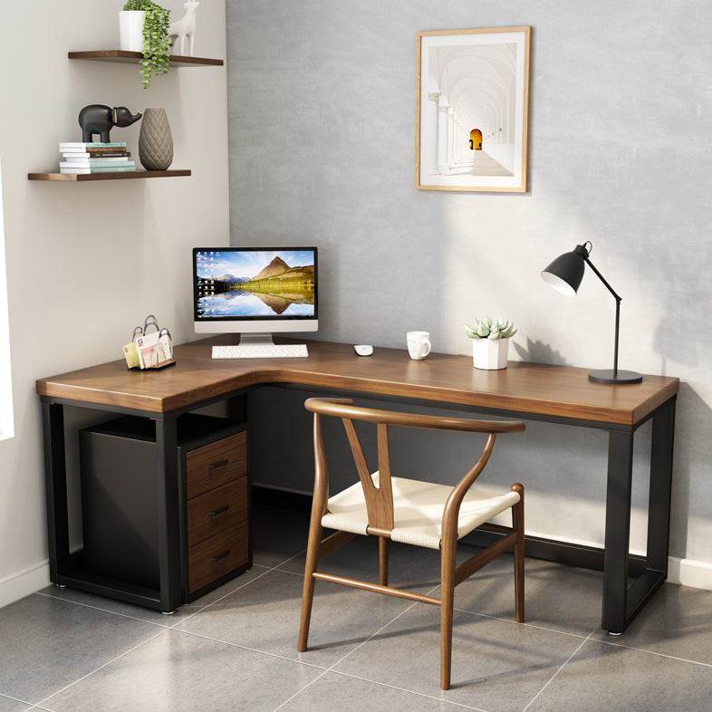 Industrial Office Desk L-Shape Solid Wood Writing Table for Home