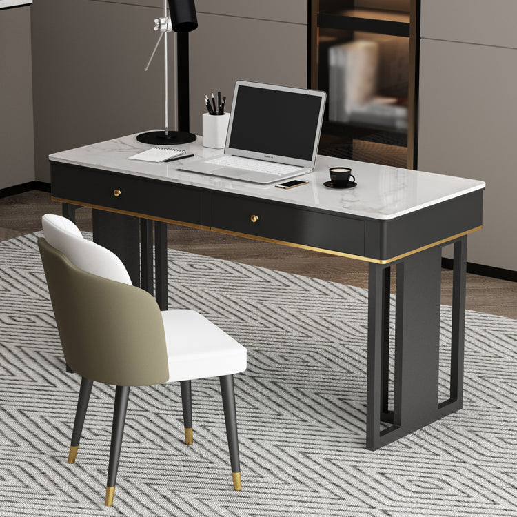 Modern 2-drawer Office Desk Sintered Stone Home Desk with Metal Base