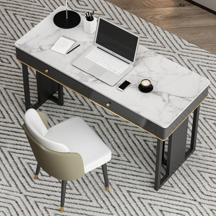 Modern 2-drawer Office Desk Sintered Stone Home Desk with Metal Base