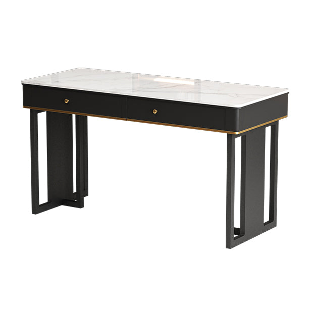 Modern 2-drawer Office Desk Sintered Stone Home Desk with Metal Base