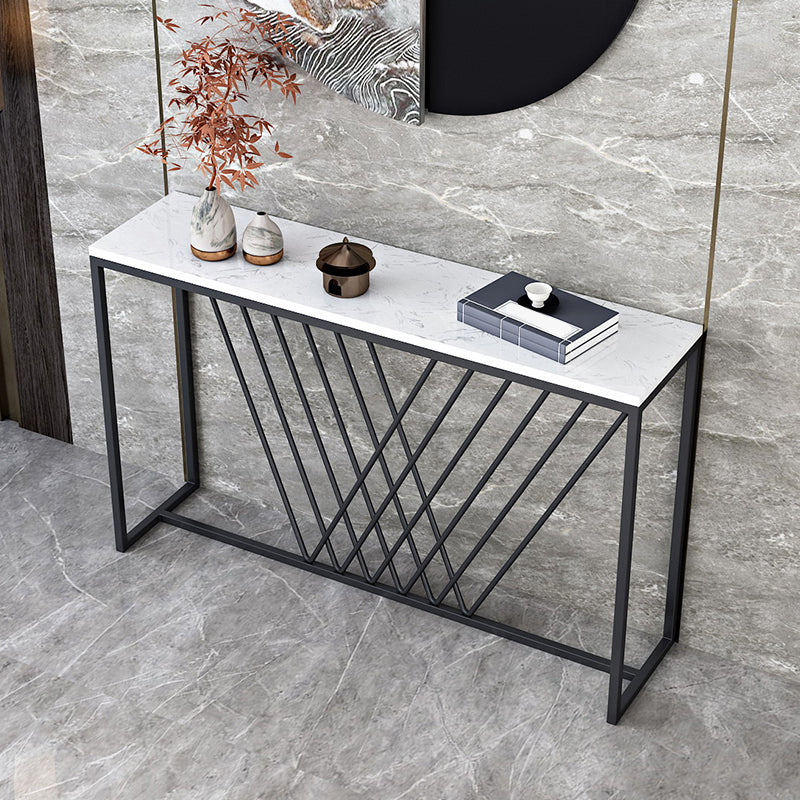 Glam Style Console Table with Rectangle Marble Top and Iron Trestle Base