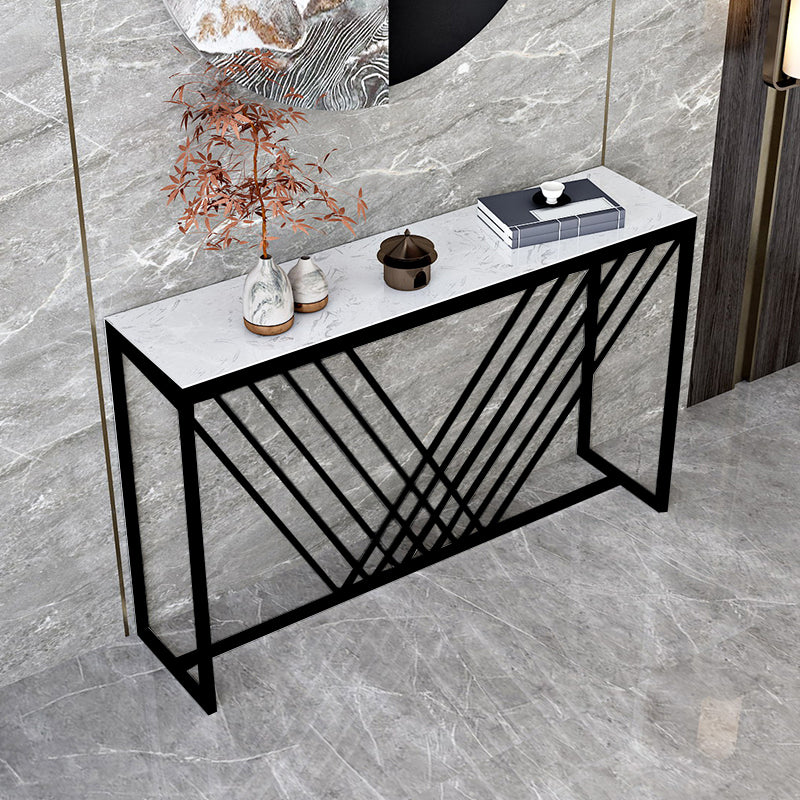 Glam Style Console Table with Rectangle Marble Top and Iron Trestle Base