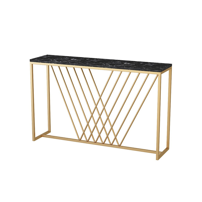 Glam Style Console Table with Rectangle Marble Top and Iron Trestle Base