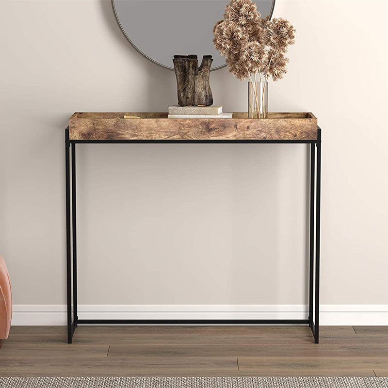 Mid-Century Modern Console Table with Brown Tray Top and Black Base Table