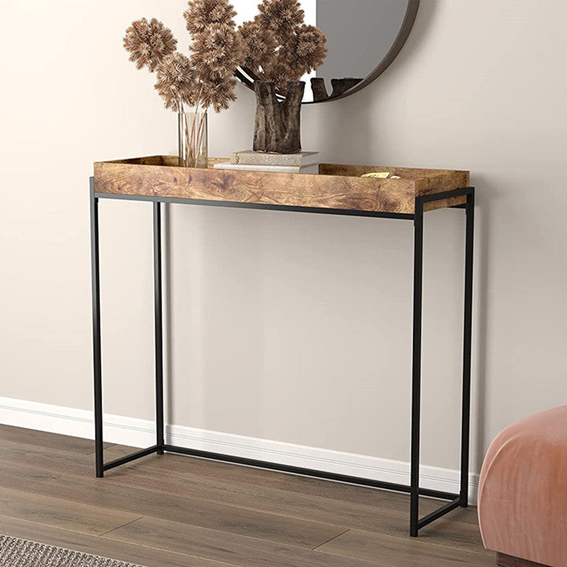 Mid-Century Modern Console Table with Brown Tray Top and Black Base Table