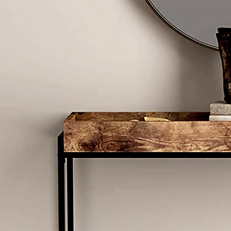 Mid-Century Modern Console Table with Brown Tray Top and Black Base Table