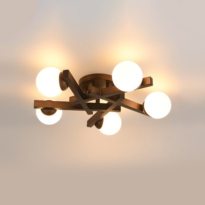 New Chinese Style Wooden Ceiling Light Ball Shape Shade Ceiling Lamp for Living Room