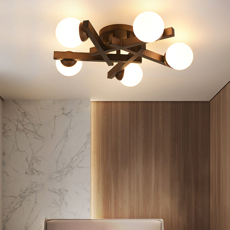 New Chinese Style Wooden Ceiling Light Ball Shape Shade Ceiling Lamp for Living Room