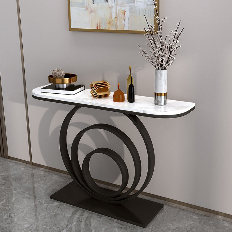 Marble Half Moon Console Table with Iron Pedestal Base Accent Table