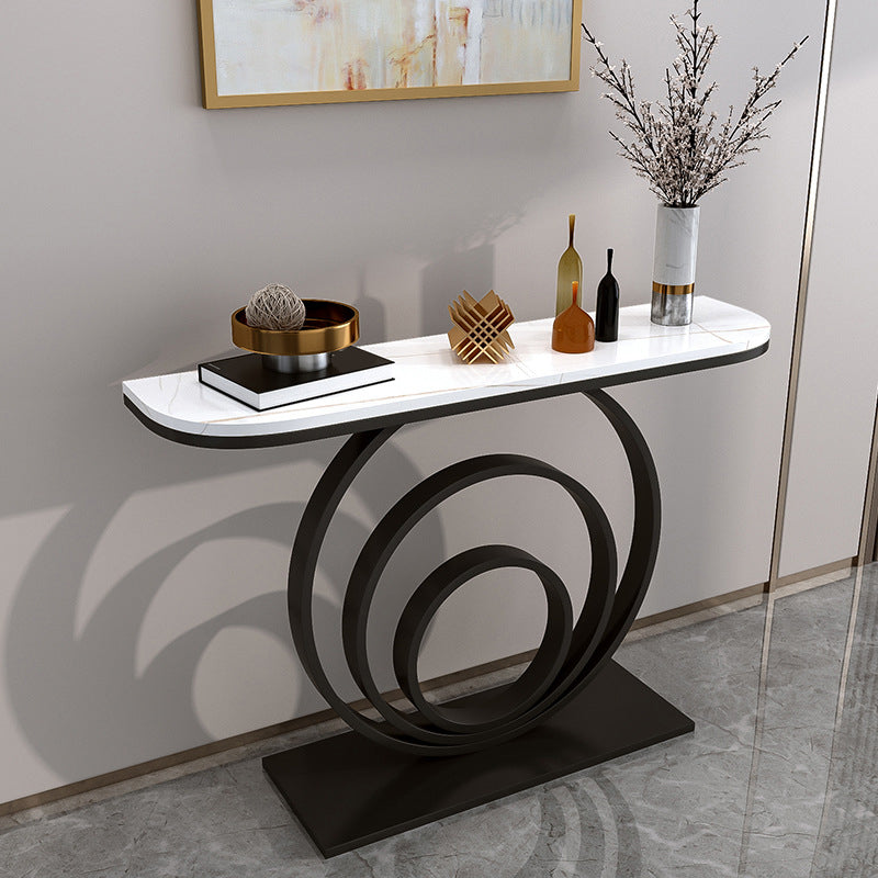 Marble Half Moon Console Table with Iron Pedestal Base Accent Table