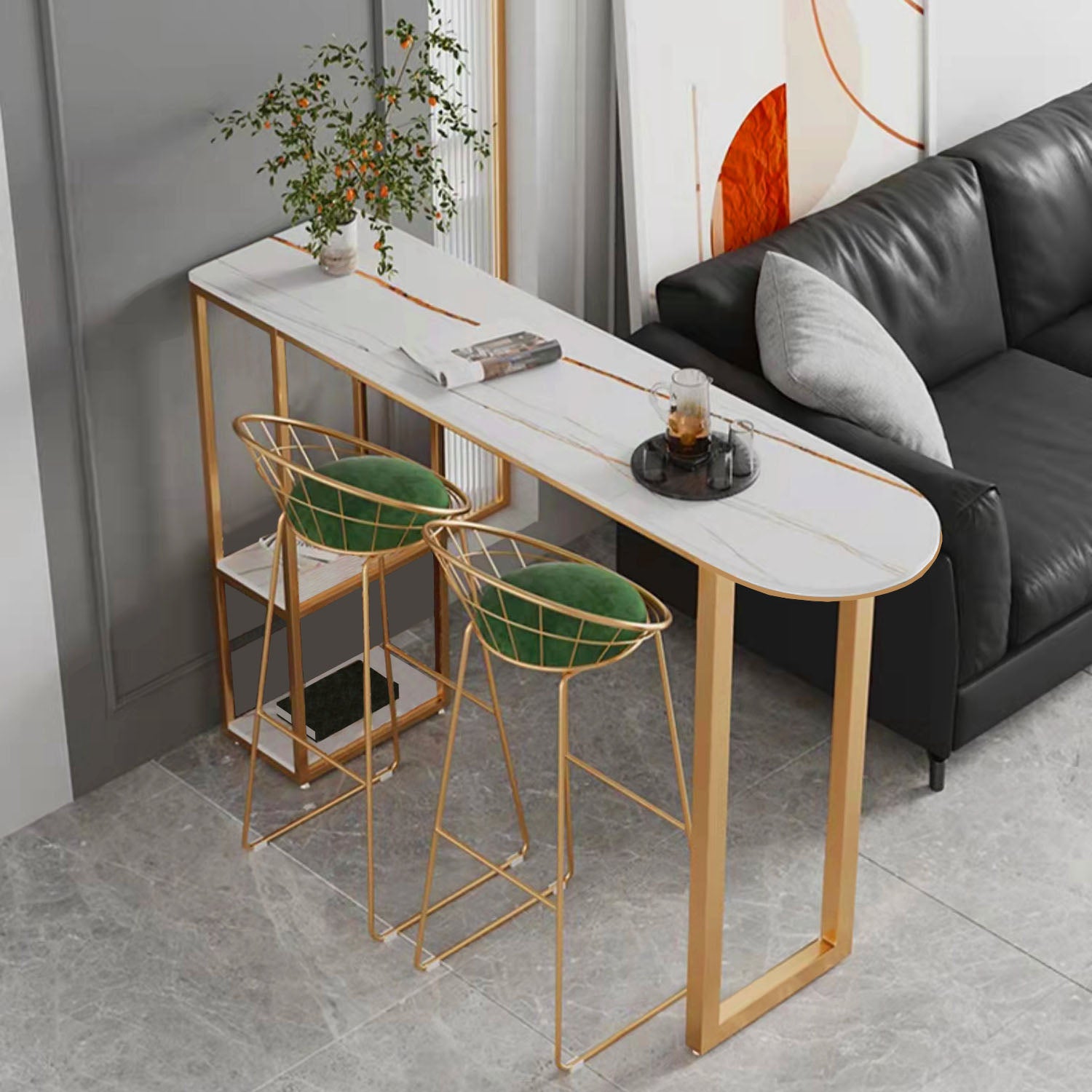 Contemporary Style Bar Table Bar Faux Marble Bar Desk with Sled Base