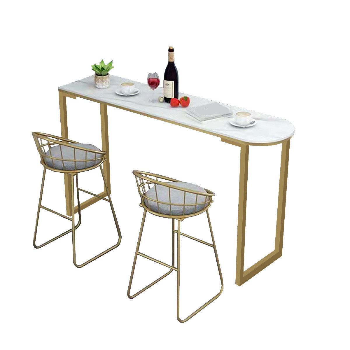 Contemporary Style Bar Table Bar Faux Marble Bar Desk with Sled Base