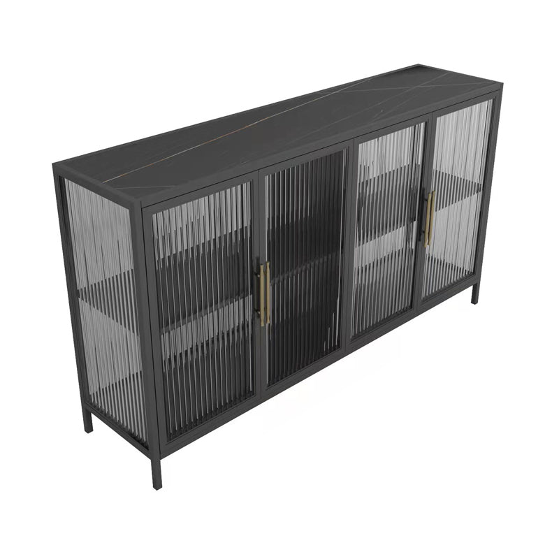 Glam Iron Cabinets Sideboard Glass Doors Server with Stone Countertop for Living Room