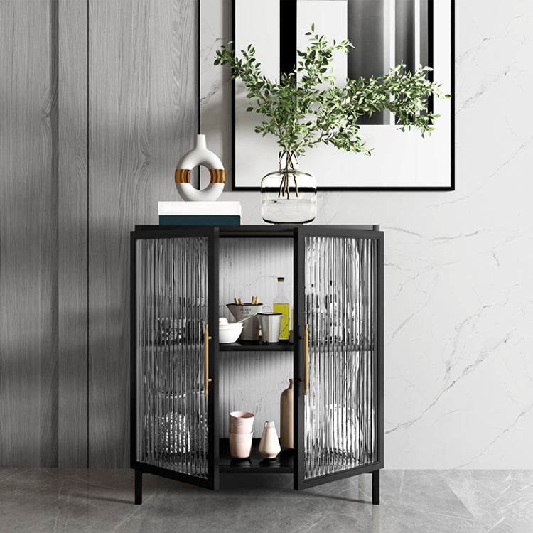 Glam Iron Cabinets Sideboard Glass Doors Server with Stone Countertop for Living Room