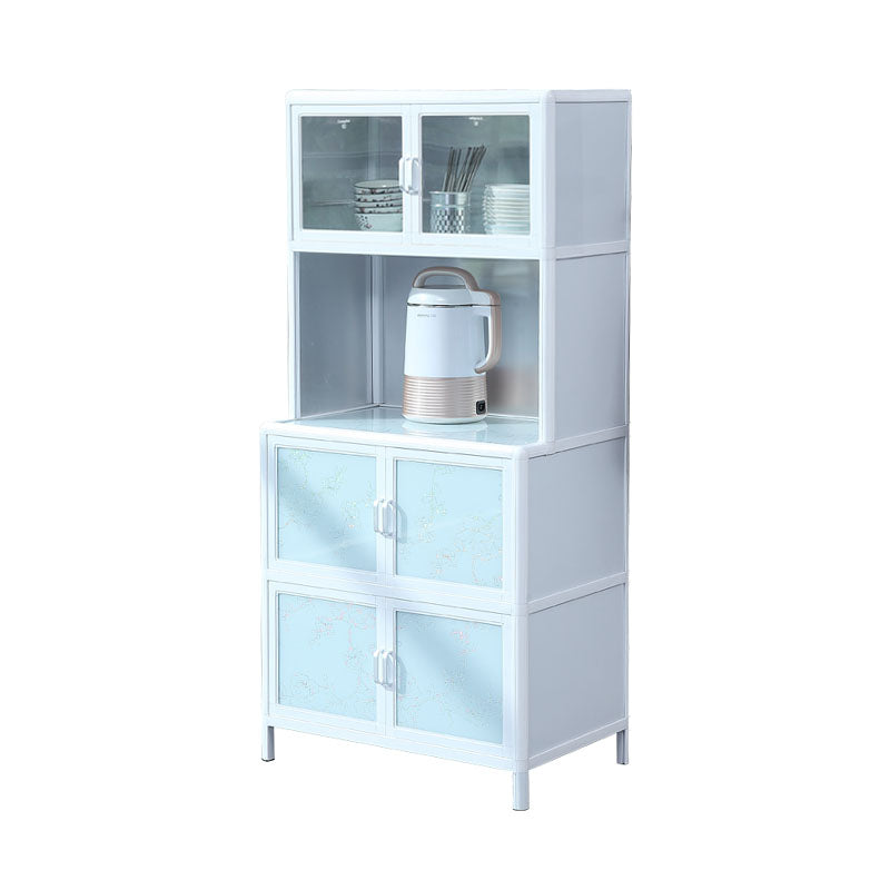 Kitchen White Metal Buffet/Console Glass Doors Cabinet Open Storage Buffet