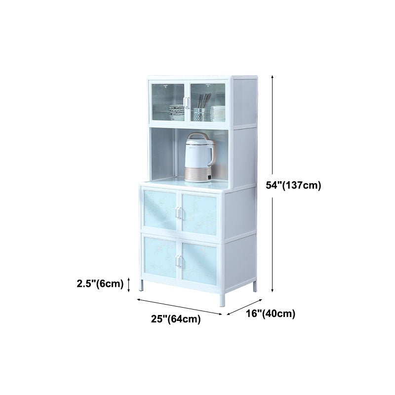 Kitchen White Metal Buffet/Console Glass Doors Cabinet Open Storage Buffet