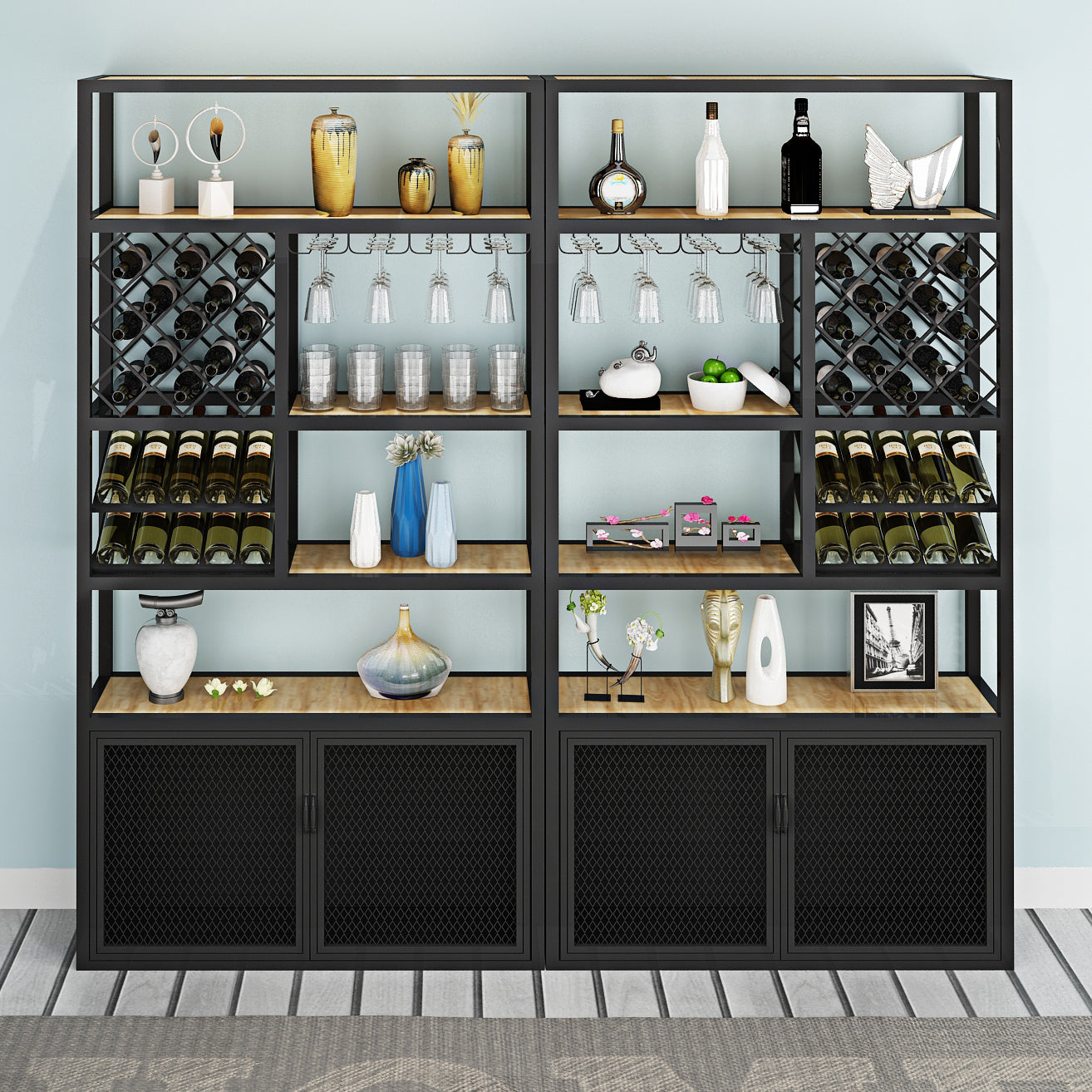 Iron Freestanding Wine Bottle & Glass Rack Modern Wine Rack with Shelf