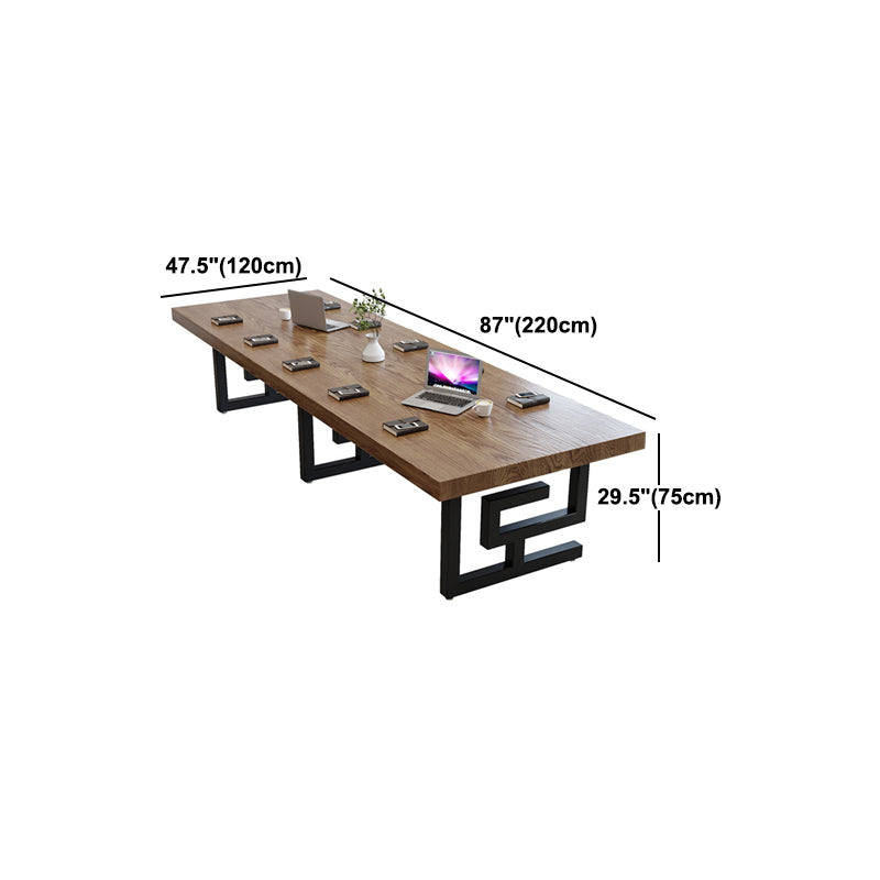 Industrial Pine Wood Office Desk Brown Rectangular Desk with Metal Base