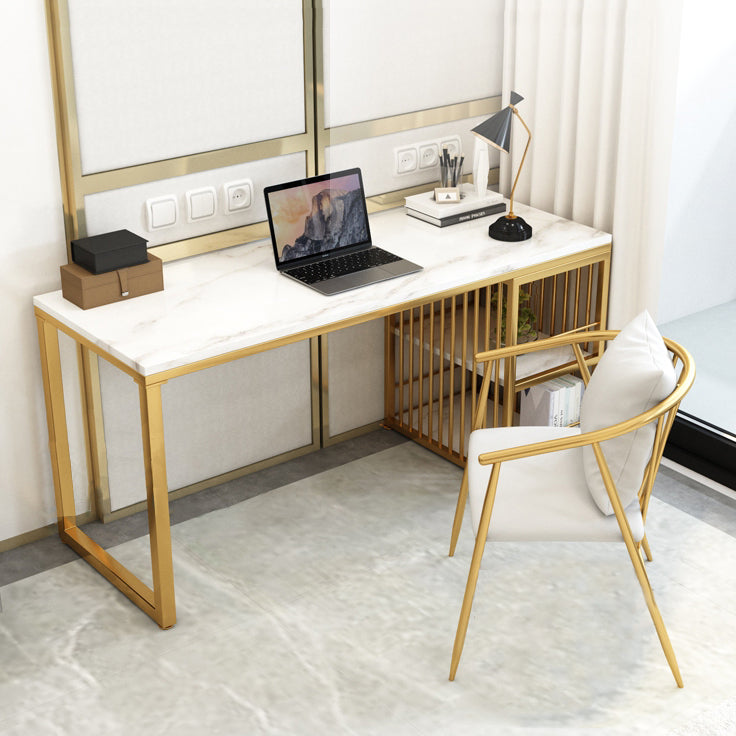 Glam Style Writing Desk Rectangular Marble Office Desk with Metal Base