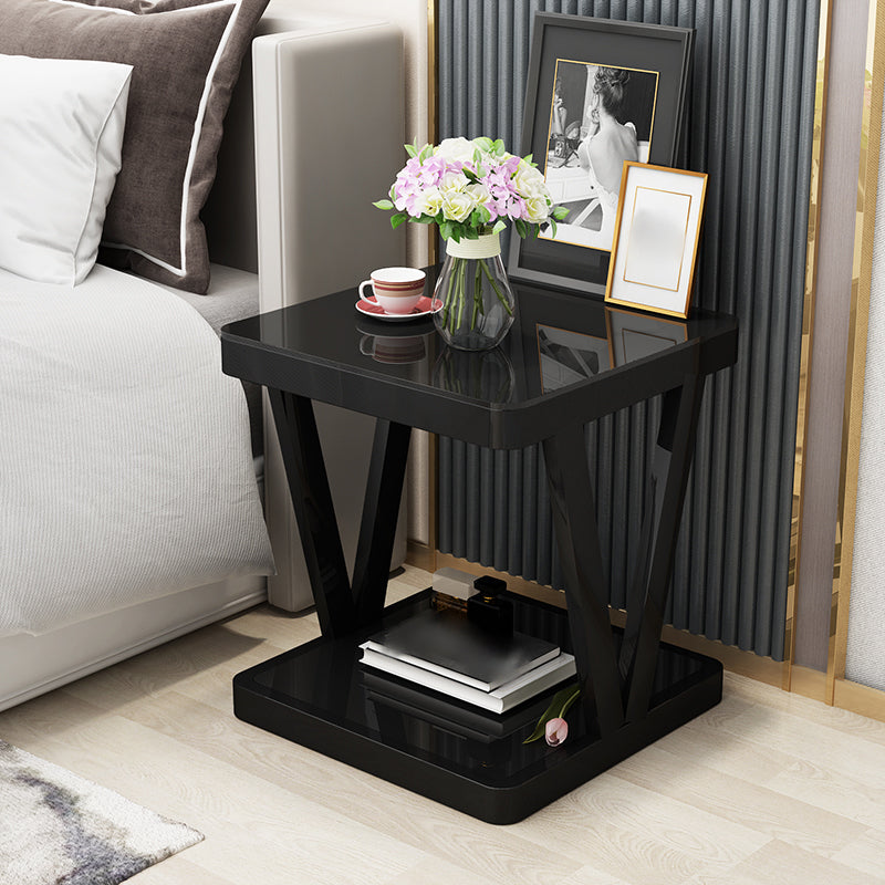 Glass Top Night Table Open Storage Steel Modern 2-Shelf Nightstand in Black/White