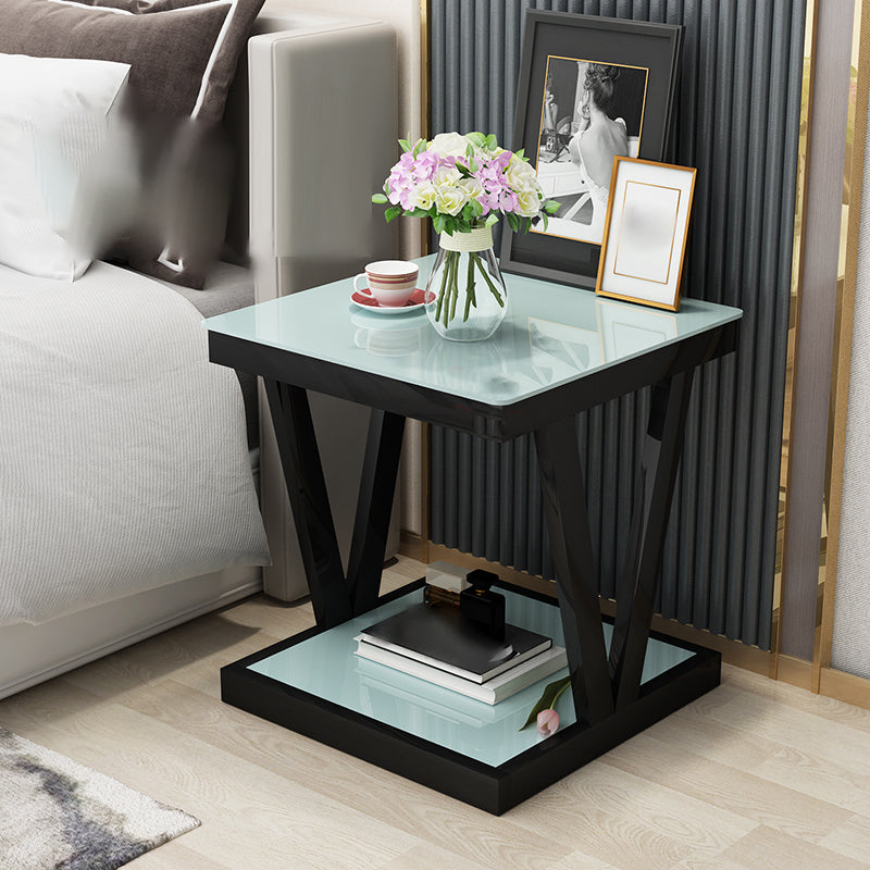 Glass Top Night Table Open Storage Steel Modern 2-Shelf Nightstand in Black/White