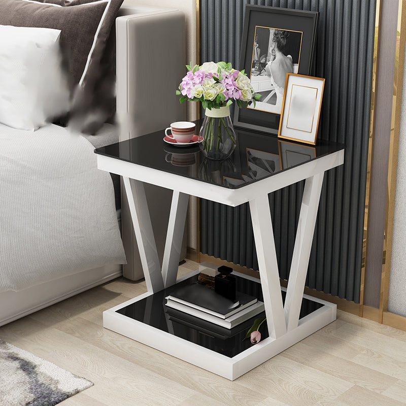 Glass Top Night Table Open Storage Steel Modern 2-Shelf Nightstand in Black/White