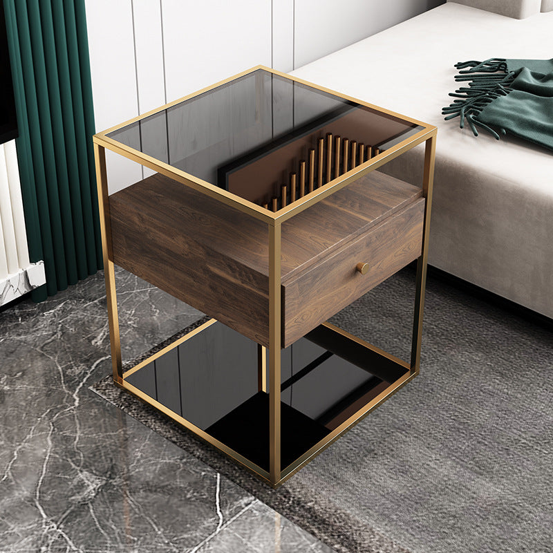 Glass Top Modern Nightstand Metal 22'' Tall 1-Drawer Open Storage Night Table