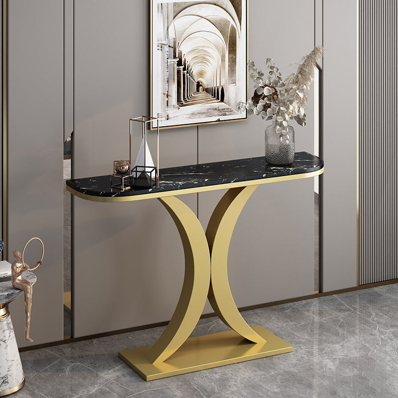 Slate and Metal Sofa Table Modern Stain Resistant Half Moon Console Table for Hall