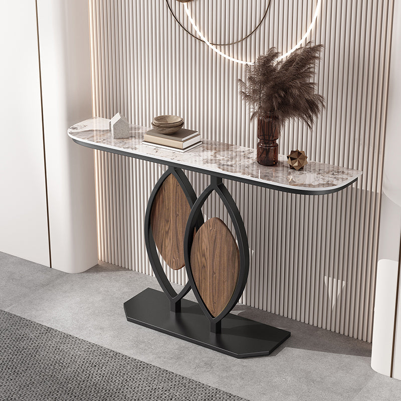 Contemporary Half Moon Console Table with Stone Top and Pedestal Base