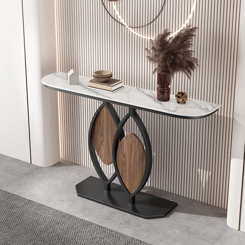 Contemporary Half Moon Console Table with Stone Top and Pedestal Base