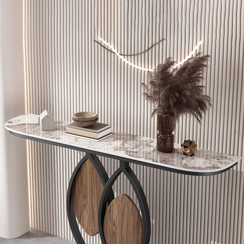 Contemporary Half Moon Console Table with Stone Top and Pedestal Base