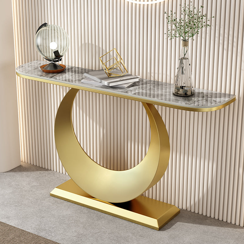 Half Moon Stone Console Table with Iron Pedestal Base Accent Table