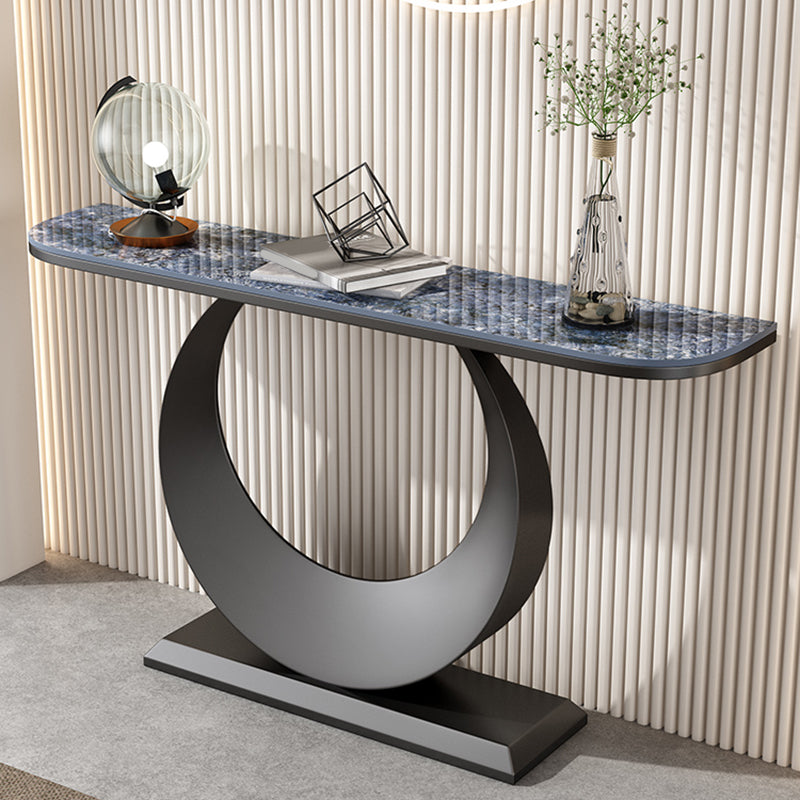 Half Moon Stone Console Table with Iron Pedestal Base Accent Table