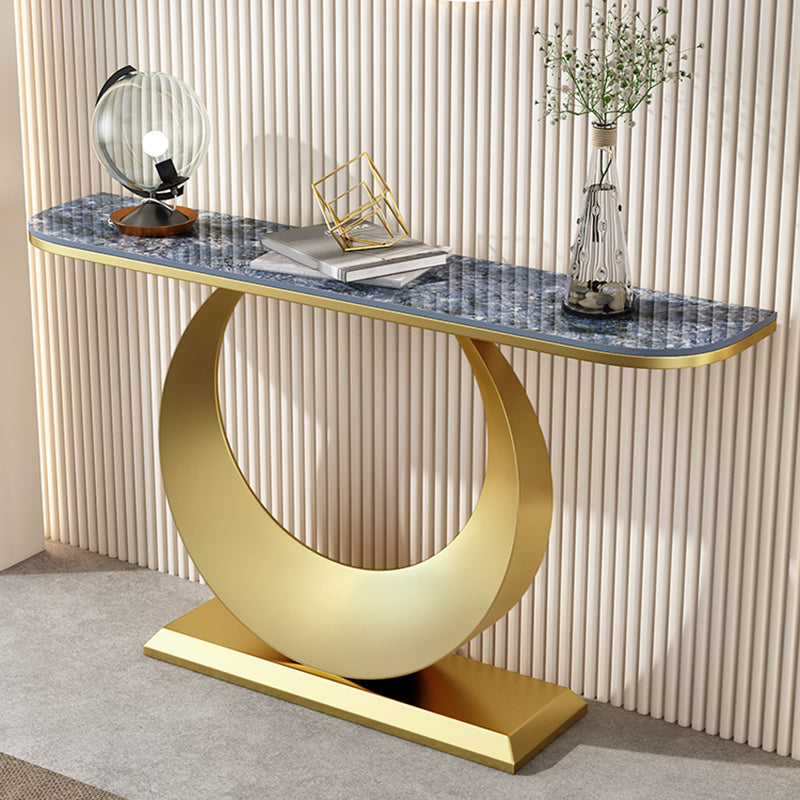 Half Moon Stone Console Table with Iron Pedestal Base Accent Table