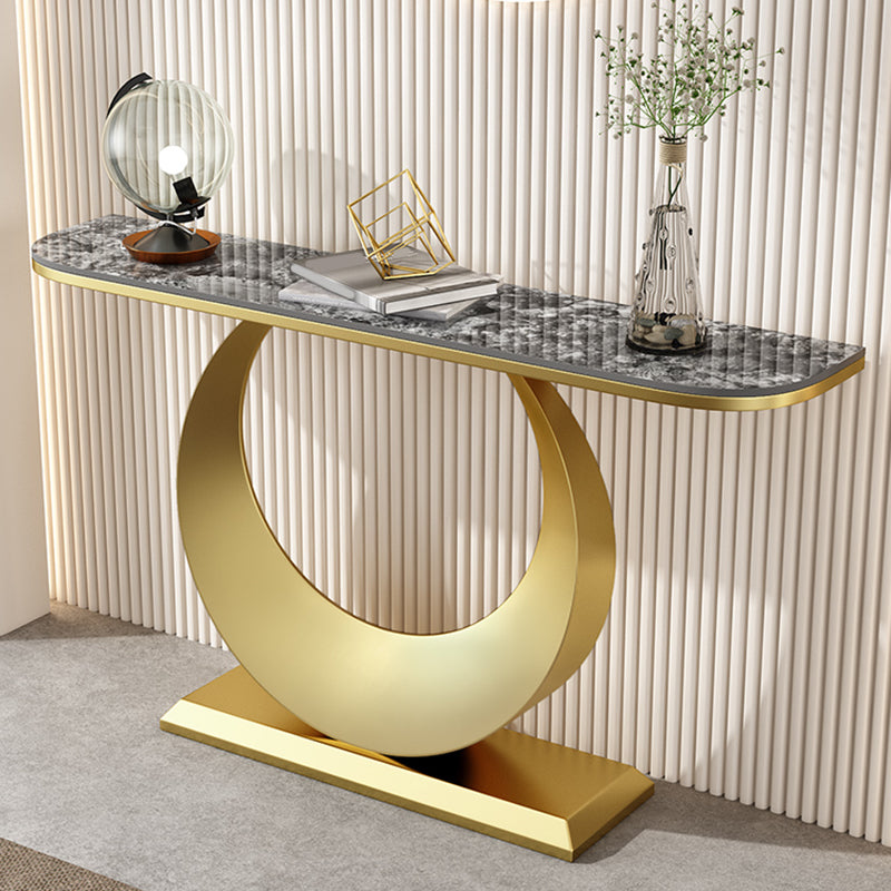 Half Moon Stone Console Table with Iron Pedestal Base Accent Table