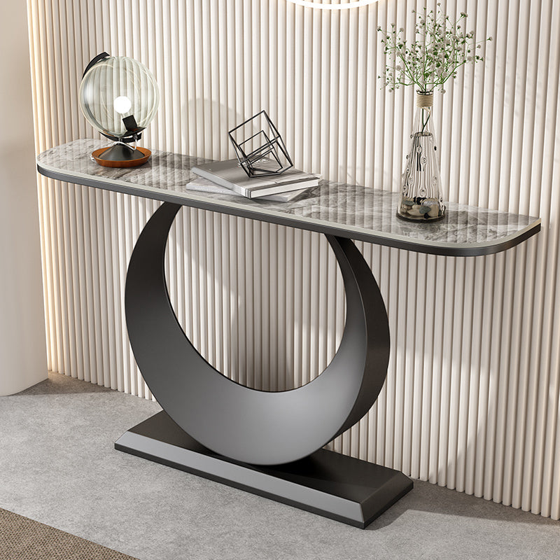 Half Moon Stone Console Table with Iron Pedestal Base Accent Table