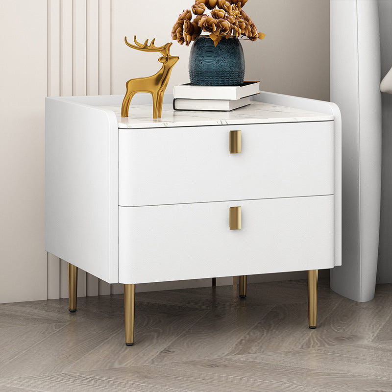 Glam 2-Drawer Nightstand Stone Top Solid Wood Legs Included Bed Nightstand