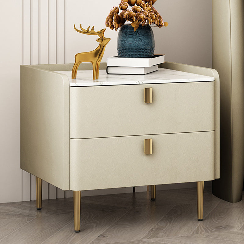 Glam 2-Drawer Nightstand Stone Top Solid Wood Legs Included Bed Nightstand