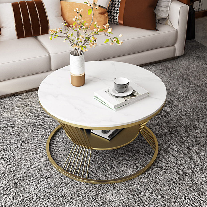 Glam Round Stone Coffee Table with Round Iron Frame Base and Shelf