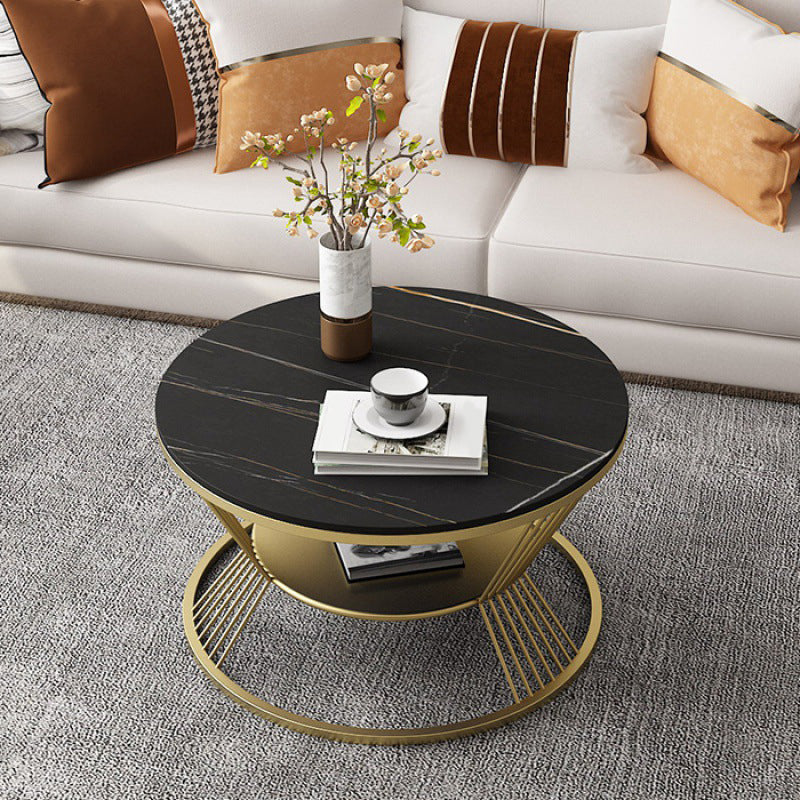 Glam Round Stone Coffee Table with Round Iron Frame Base and Shelf