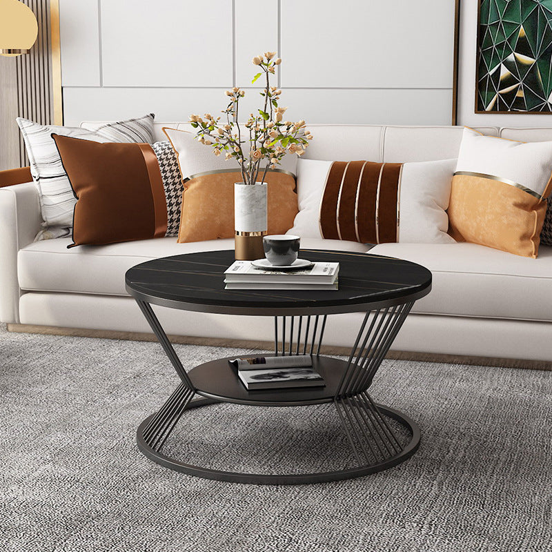 Glam Round Stone Coffee Table with Round Iron Frame Base and Shelf