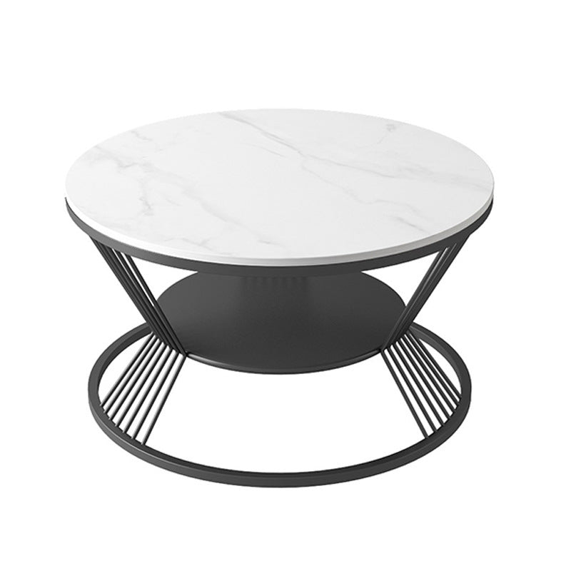 Glam Round Stone Coffee Table with Round Iron Frame Base and Shelf