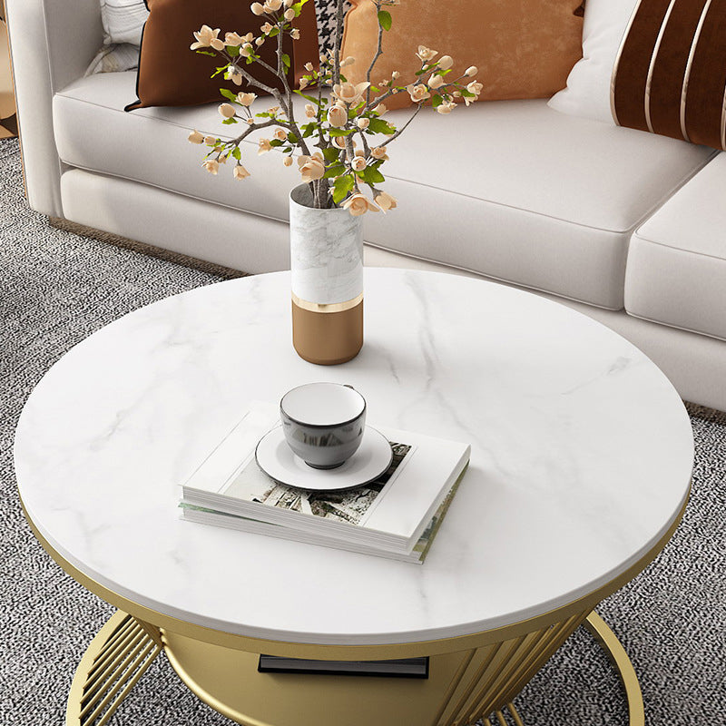 Glam Round Stone Coffee Table with Round Iron Frame Base and Shelf