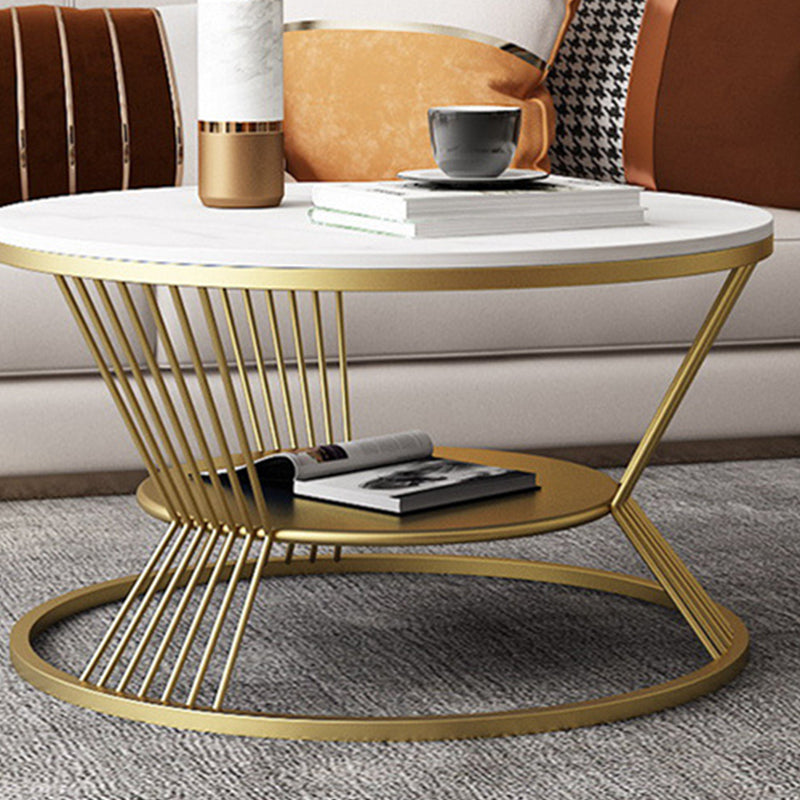 Glam Round Stone Coffee Table with Round Iron Frame Base and Shelf