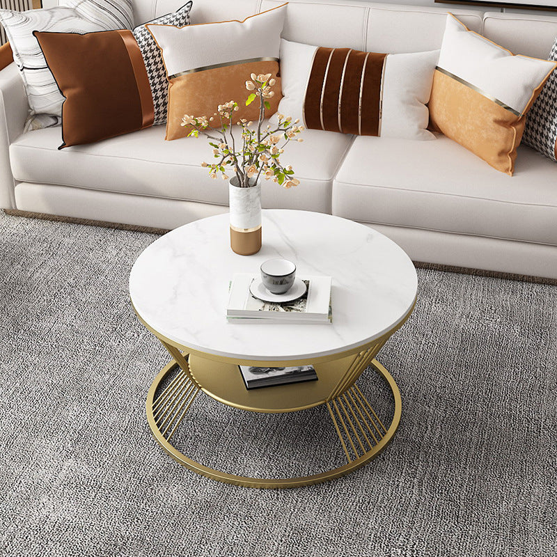 Glam Round Stone Coffee Table with Round Iron Frame Base and Shelf