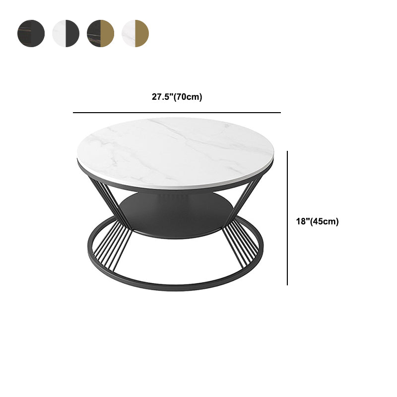 Glam Round Stone Coffee Table with Round Iron Frame Base and Shelf