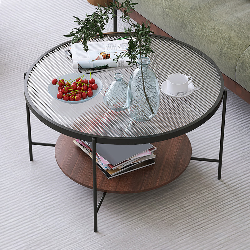 Contemporary Round Glass Top Coffe Table with Wooden Shelf 1 Piece