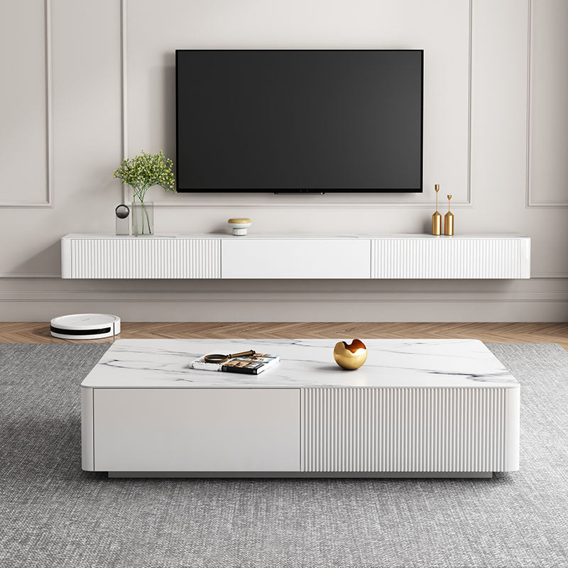 9.84"H TV Stand Contemporary Style White Wall-mounted TV Console with 2 Drawers